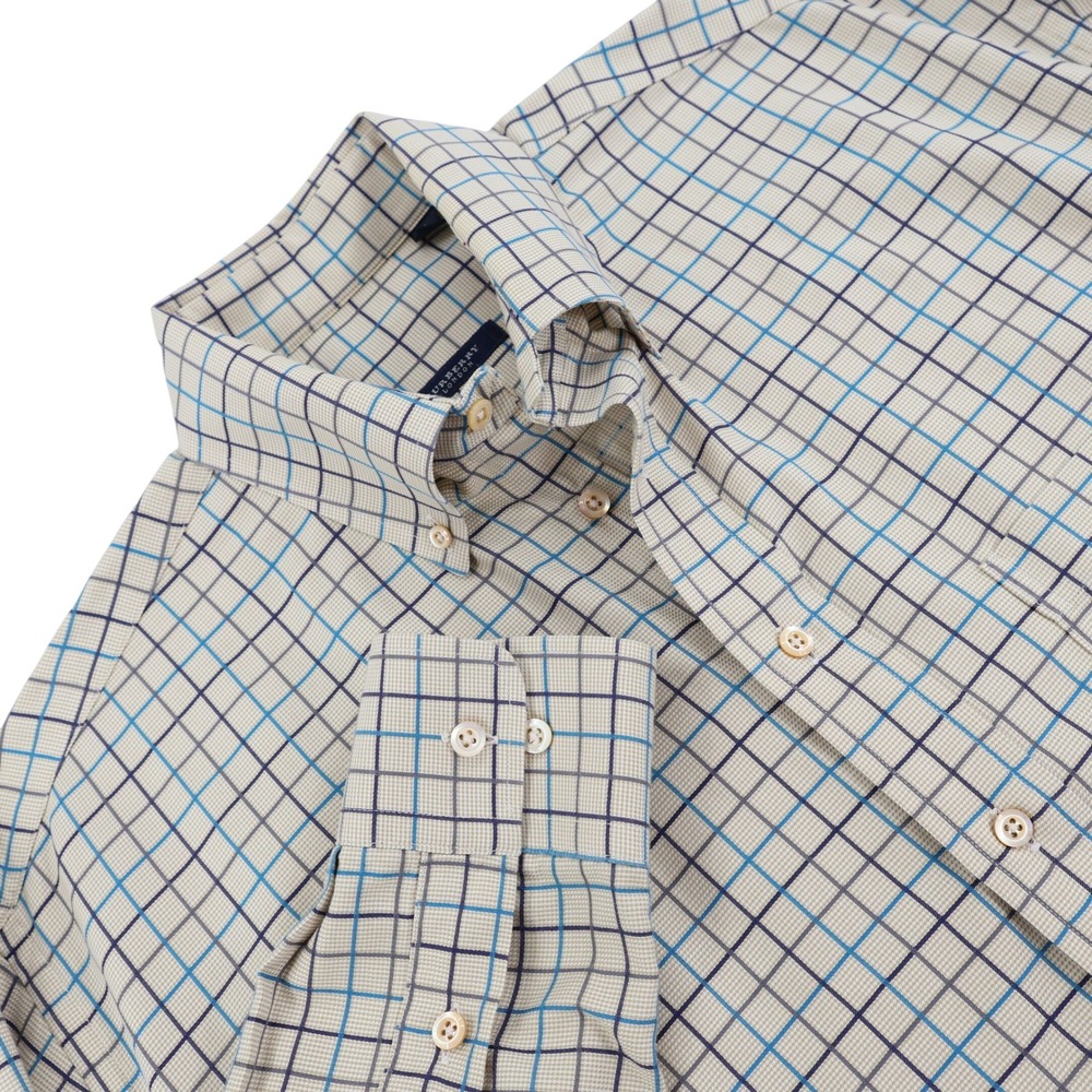 Burberry London Mens L Button Down Shirt Tan Blue Plaid Tattersall Made in USA